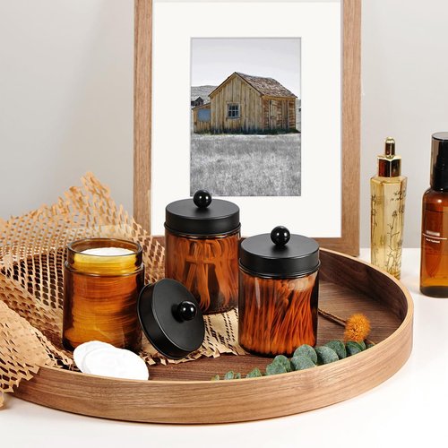 Amber Glass Qtip Holder - Apothecary Jar with Metal Lid & Stickers | 3-Pack Vanity Organizer Set for Bathroom Accessories