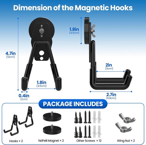 Heavy Duty Magnetic Hooks by NdFeB - Extra Strong Utility Storage Holders | Anti-Slip Coating, 2 Pcs
