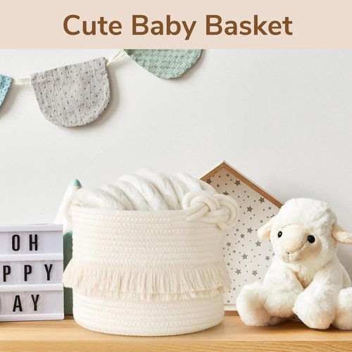 CherryNow Woven Storage Baskets - 9.5'' x 7'' Cotton Rope Hamper for Diapers, Blankets & Keys | Off-White with Cute Tassel