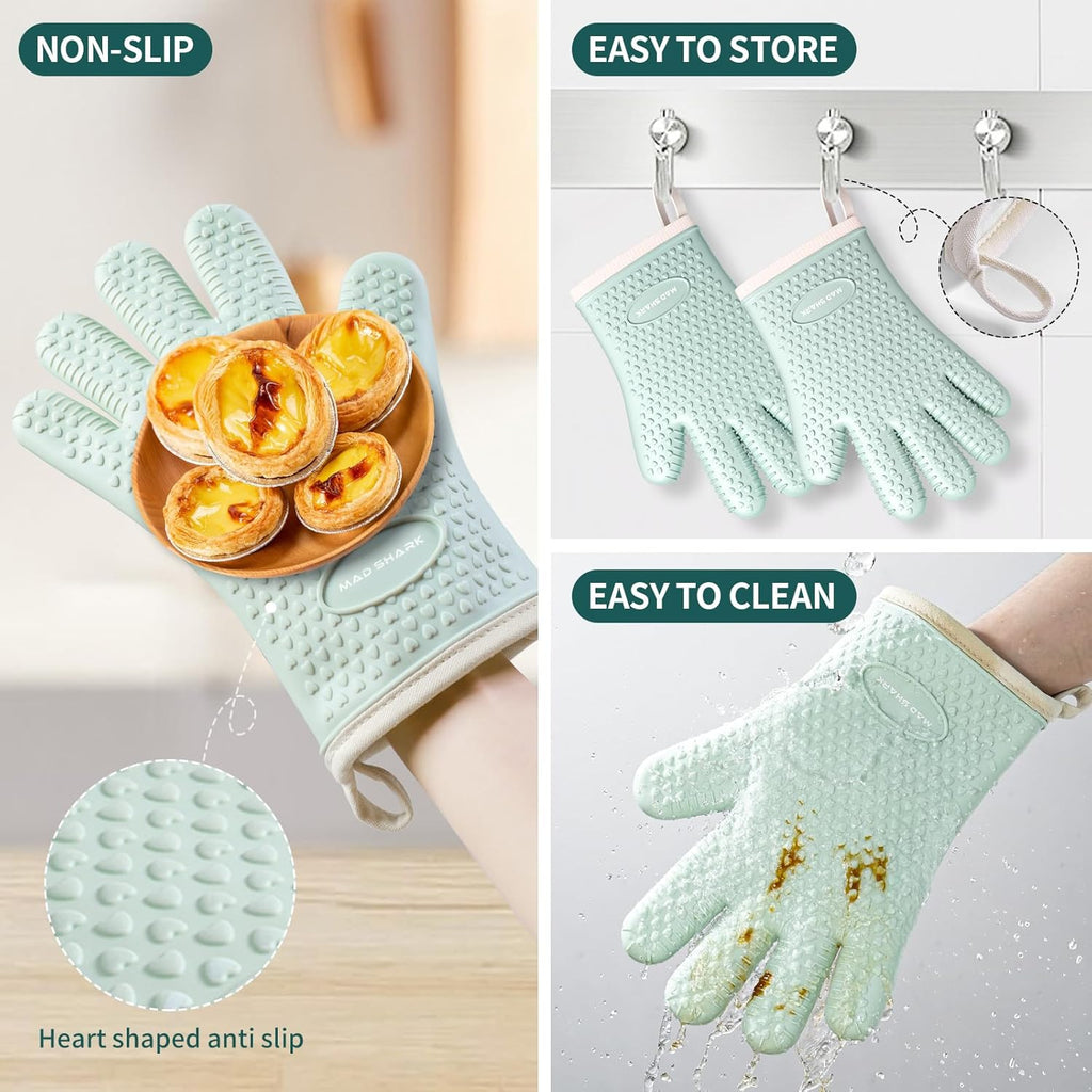 MAD SHARK Silicone Oven Mitts - Heat Resistant 450°F, Waterproof & Non-Slip Kitchen Gloves | Green
