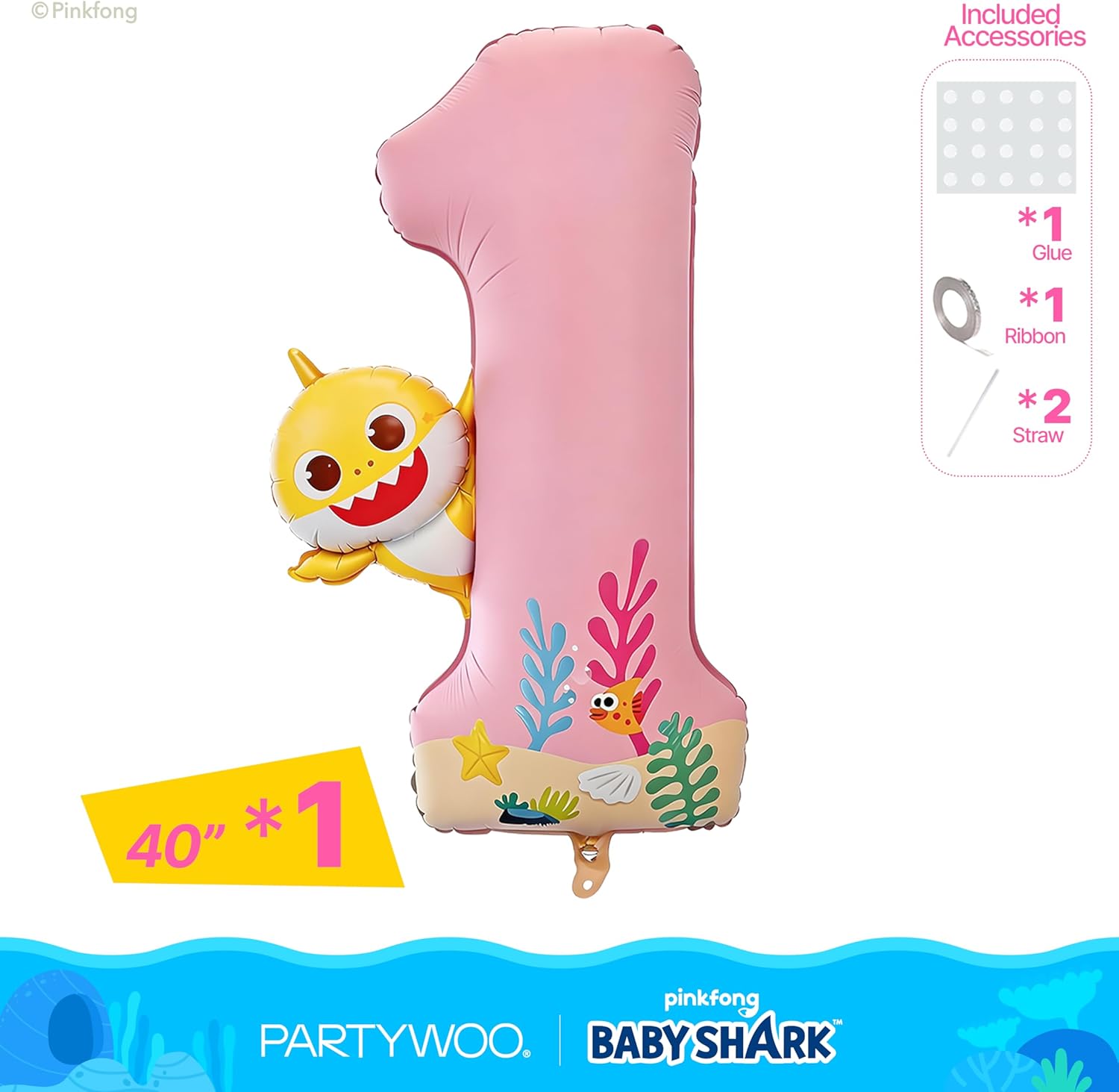 PartyWoo Baby Shark Pink Foil Number 1 Balloon - 40 Inch Mylar Helium Birthday Decoration for Kids