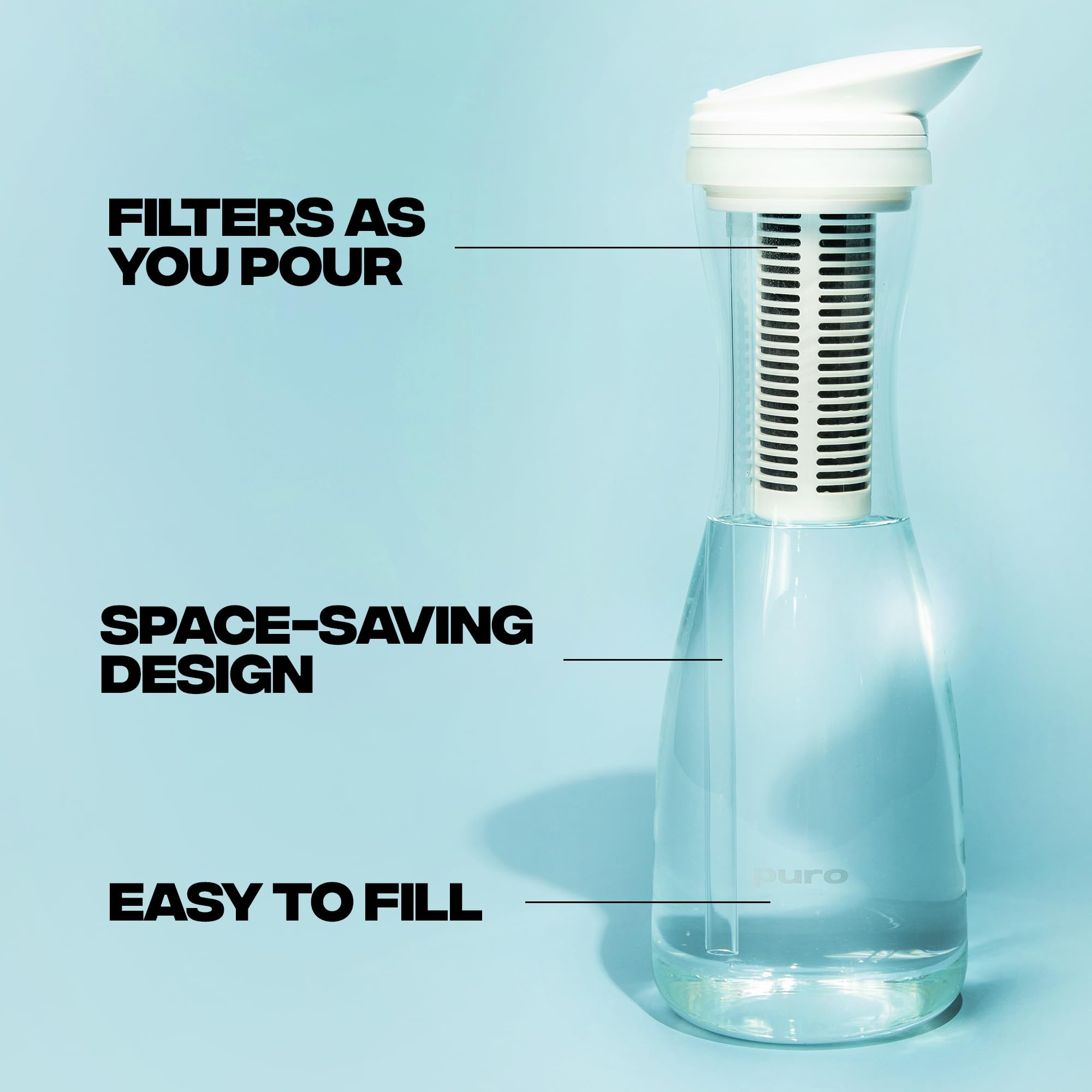 Puro Glass Water Filter Pitcher - Long Lasting Filter - Faster Filtering - 1.3L - Carbon Water Filter Removes Lead, Odors, Chlorine (2 Pack)