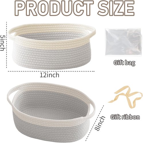 JMvicyroam Woven Basket - Small Rope Storage Bin with Handles for Organizing Shelves & Closets | White & Grey