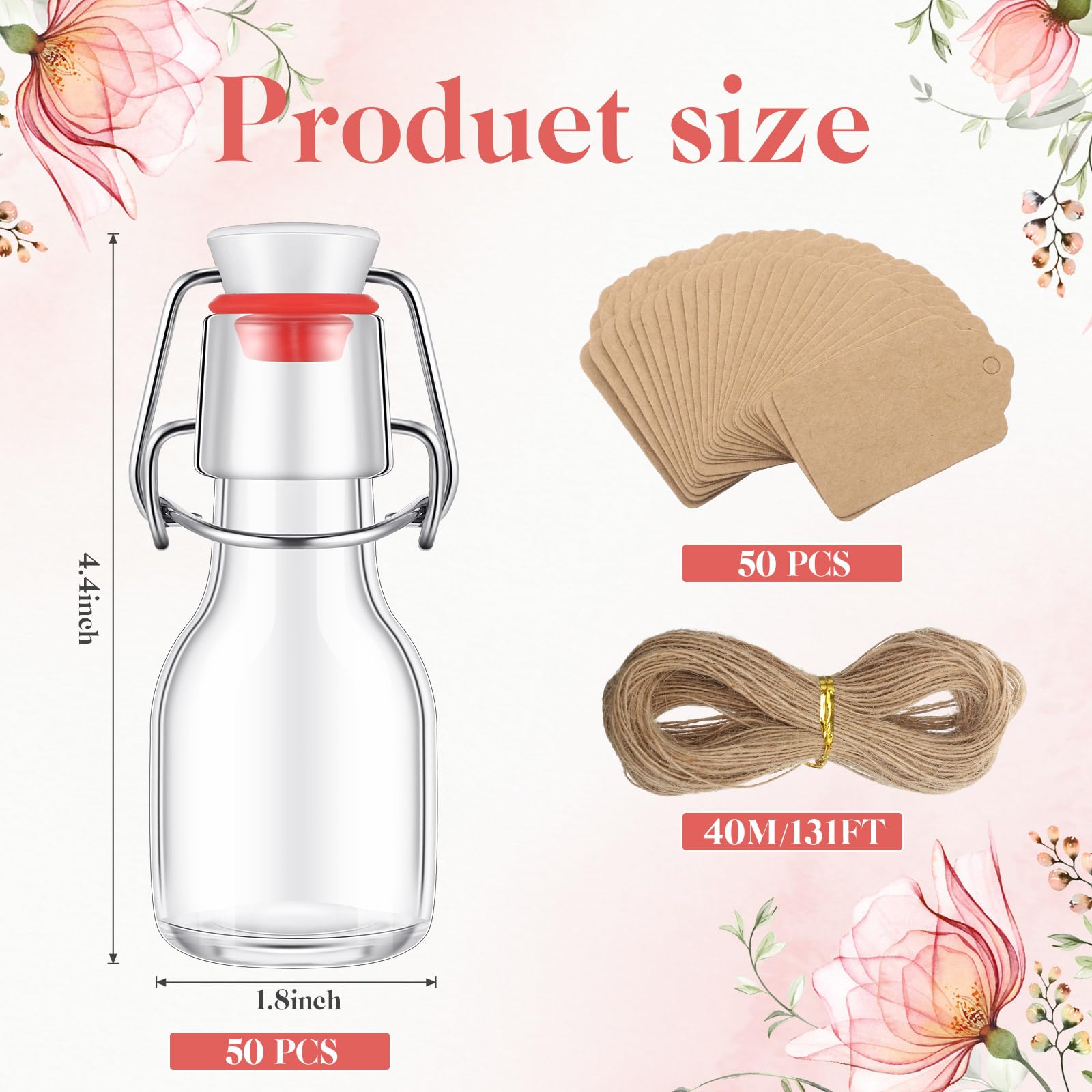 Queekay Mini Flip Top Glass Bottle, 2 oz, 50 Pcs Set, Decorative Bottles for Wedding Party Favors, Clear, with Kraft Paper Tags and Jute Rope