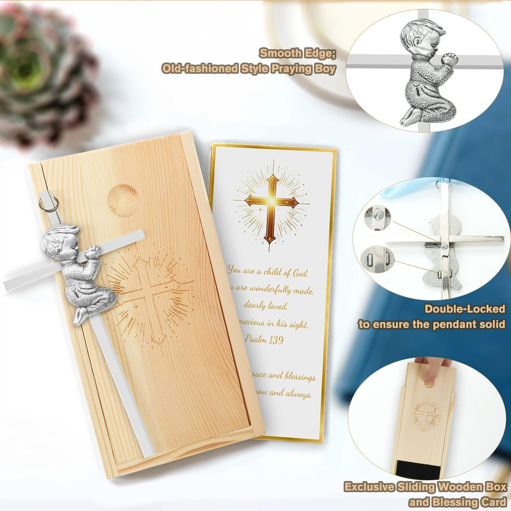 Baptism Gifts for Boys & Girls,First Communion Gifts for Kids,Christening Baby Shower Party 6in Praying Cross (1pc Silver Boy with Wooden Box)