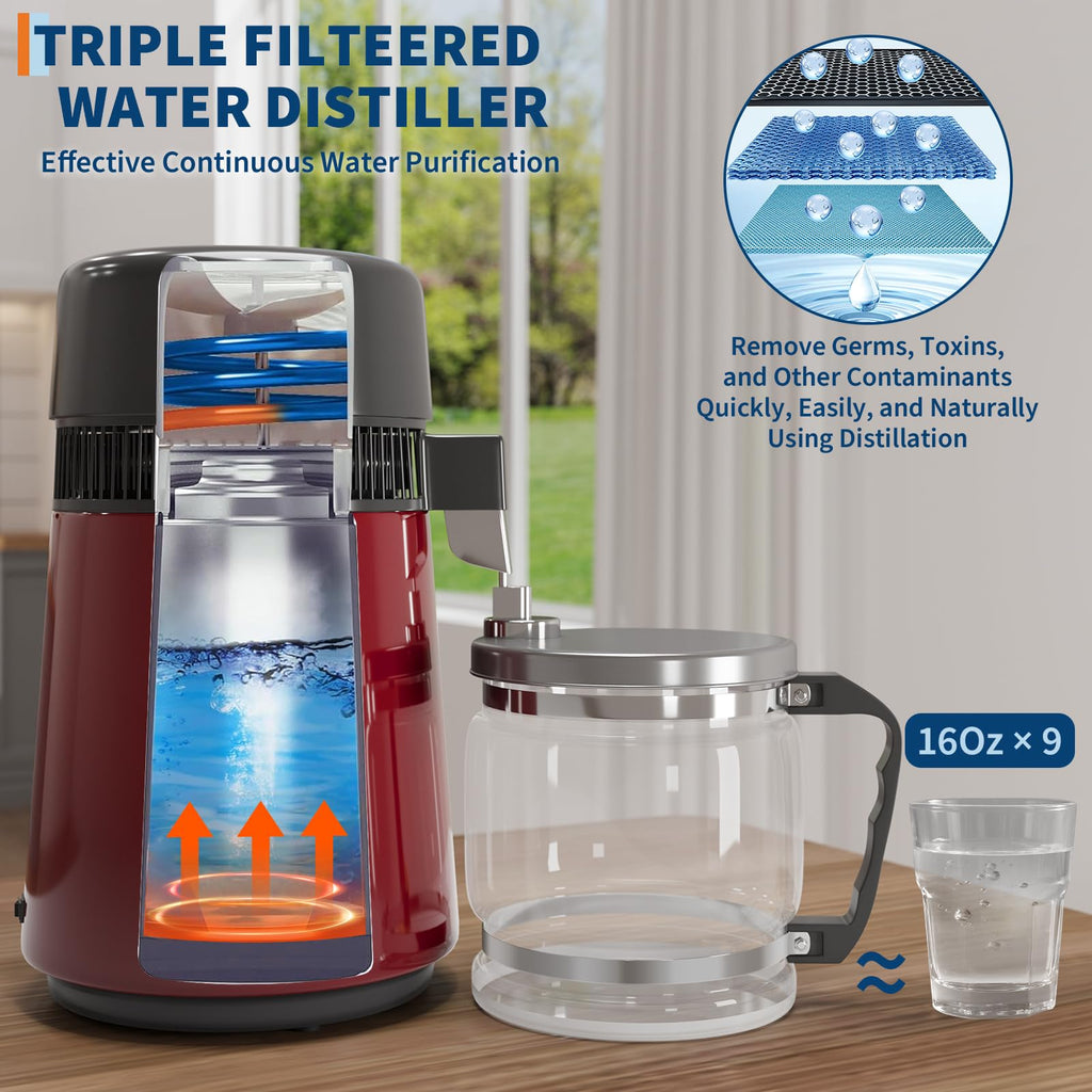 GarveeHome Water Distillers for Home Countertop, 1 gal/4 L Stainless Steel Distilled Water Machine with Glass Container, 750W Desktop Drinking Purifier Filter Distilling Kit, Red