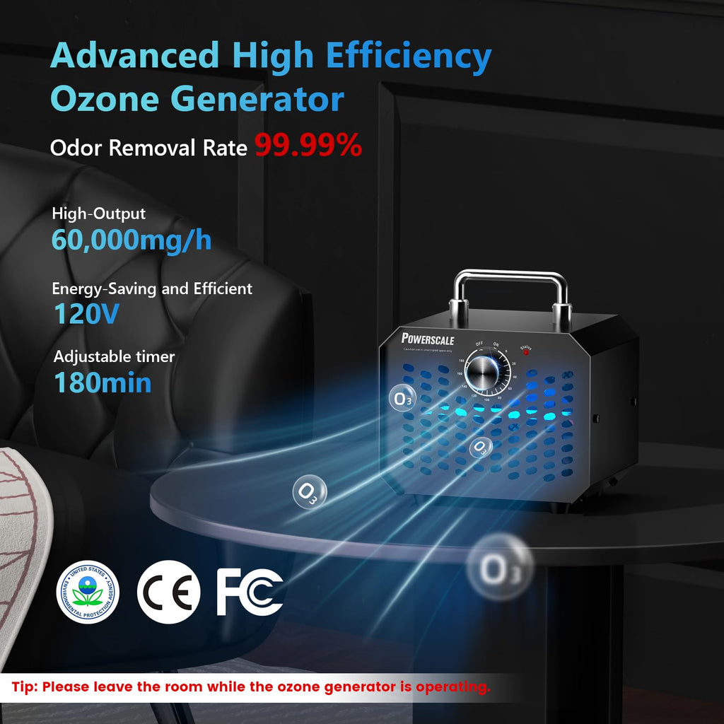 Powerscale Ozone Generator 60,000 mg/h, Compact, 10s Safety Evacuation, Precision Electronic Control, O3 Odor Eliminator for Home, Car, Pet Smell, and Basement up to 2600 Sq.Ft - OZA1, Black