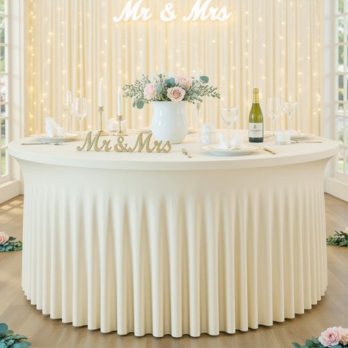 Hietaap 4 Pack Ivory Spandex Round Tablecloths for Wedding Table, Stretchy 60 inch Fitted 5FT Round Table Cloths Cover with Skirt for Banquets Trade Shows Parties Events