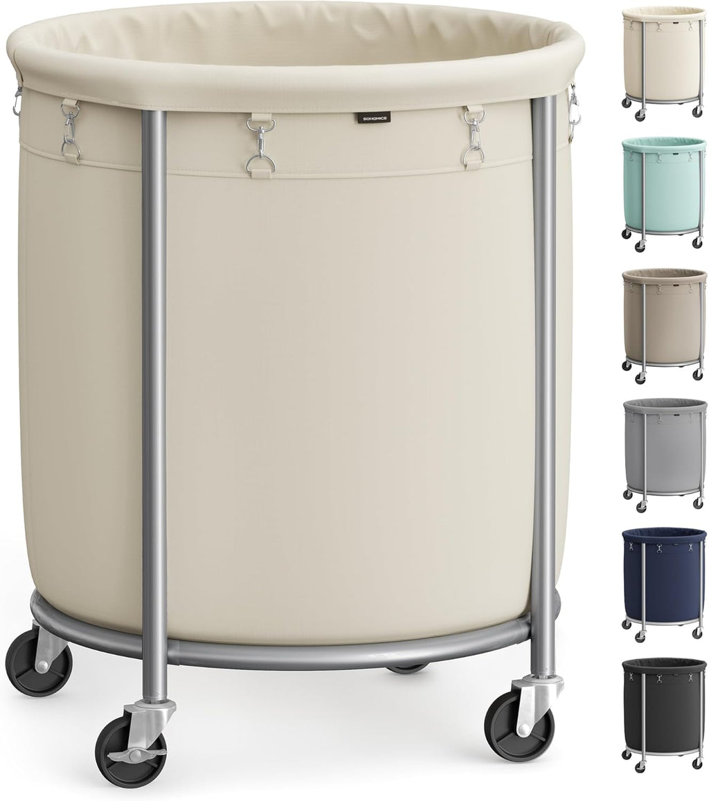 SONGMICS Rolling Laundry Basket - 50.2-Gallon Heavy-Duty Hamper Cart with Steel Frame & Locking Wheels - Cream White & Metallic Silver