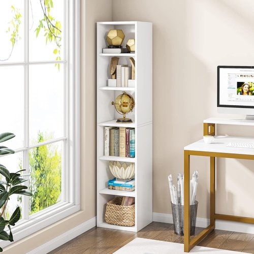 Little Tree 70.9-Inch Tall Narrow Bookcase - 6-Tier Corner Shelf Storage Organizer in White