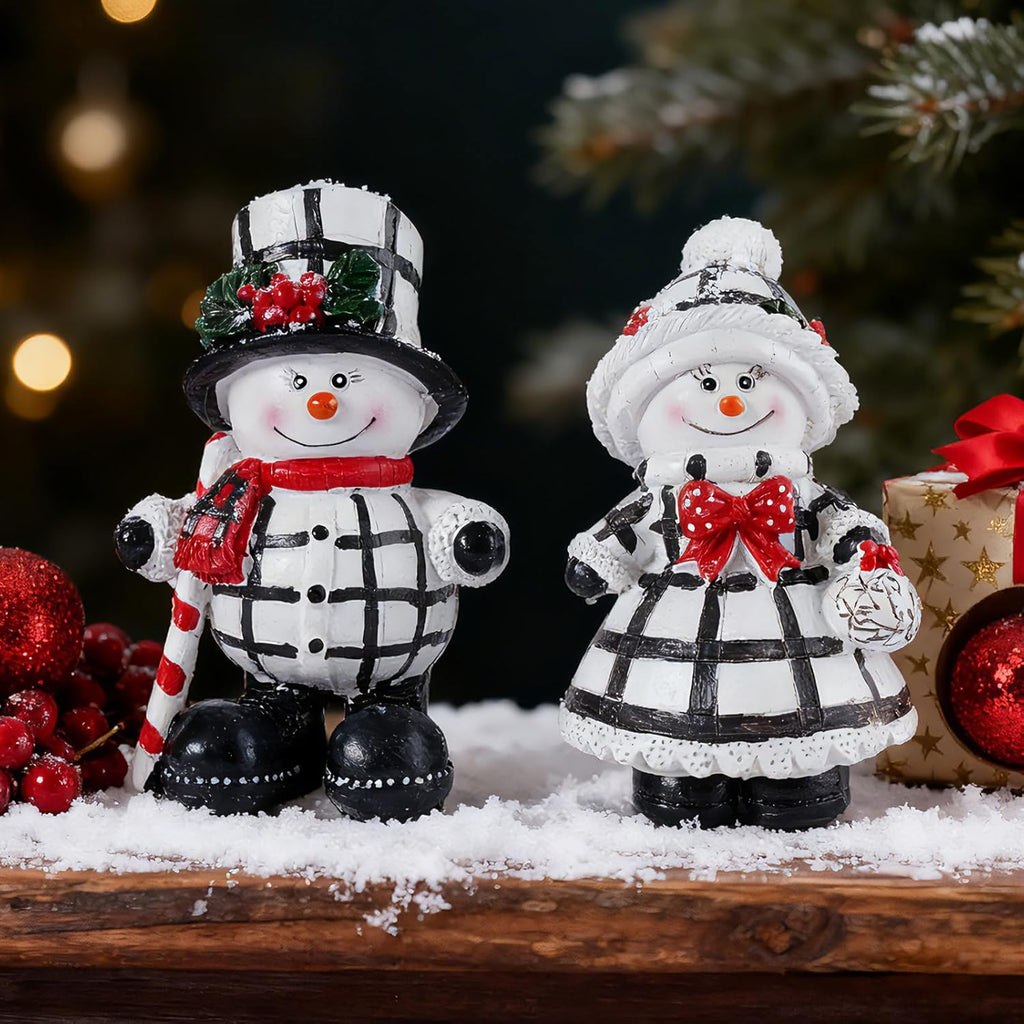 Snowman Figurines Set of 2 - Black and White Plaid Indoor Christmas Decorations | Winter Home Decor