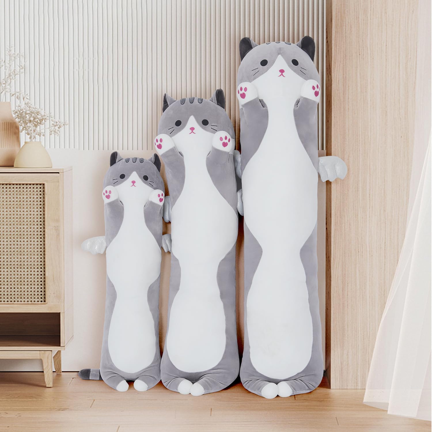 Yeqivo Soft Cat Plush Pillow, Grey Long Cat Stuffed Animals Soft Long Kitten Plushies Kawaii Cat Stuffed Plush Toy for Kids Girlfriend(50cm/19.6inch)