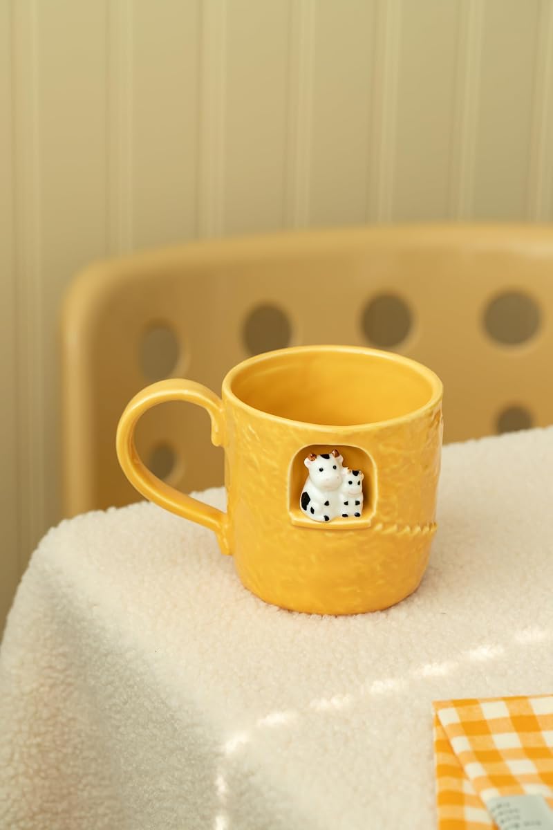 Dihoclub Yellow Parent-Child Cow Ceramic Coffee Mug — 14 oz Handcrafted Tea Cup with Window Sill Sculpture