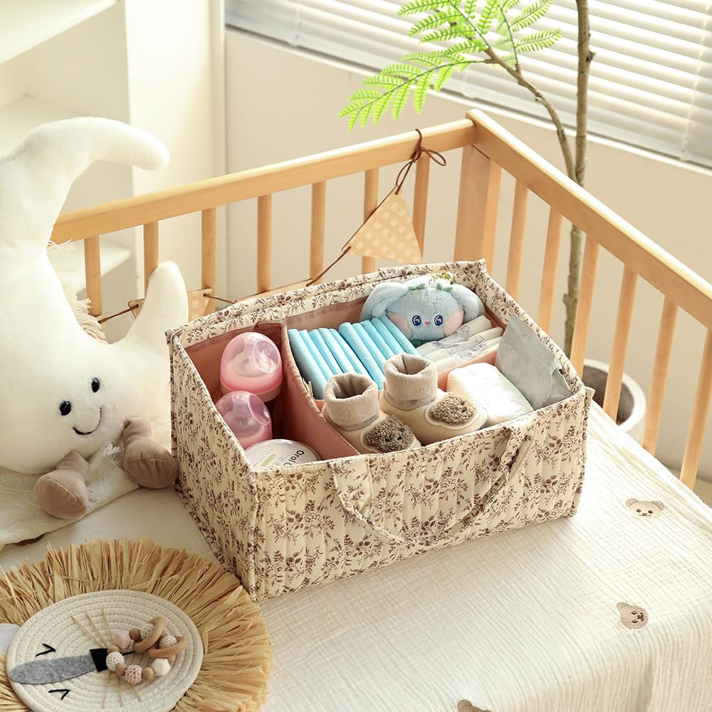 MOMIGO Floral Baby Diaper Caddy Organizer - Stylish Water-Resistant Nursery Storage Basket | Perfect for Diapers & Wipes (Orange)