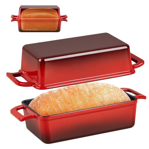 P&P CHEF 2-In-1 9 x 5 Inch Cast Iron Loaf Pan with Lid (Red), Bread Loaf Pans for Baking Homemade Sourdough Bread, Meatloaf, Toast, Cake, Nonstick & Healthy & Sturdy, 2 Piece Set