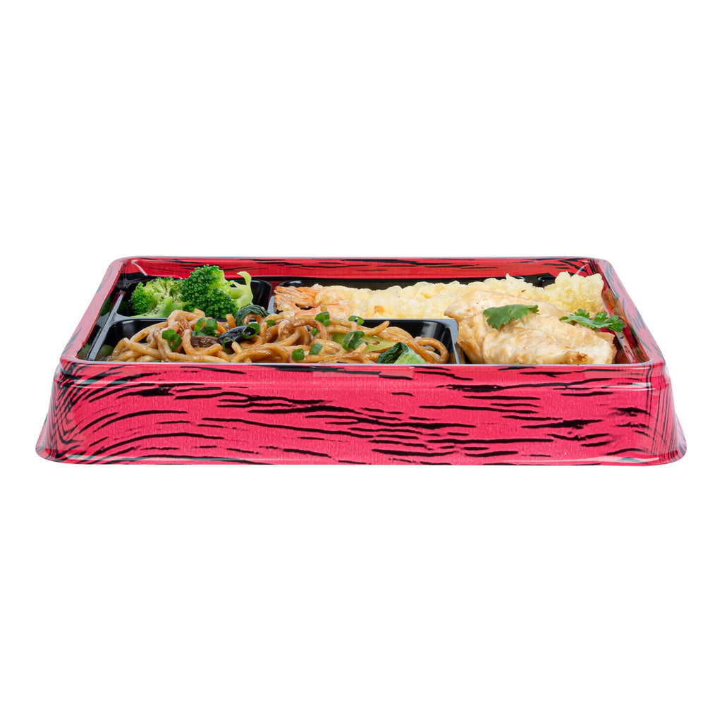 Restaurantware Bento Tek 15.2 Ounce Meal Prep Containers, 50 Disposable To Go Food Boxes - Lids Sold Separately, 4 Compartments, Red And Black Plastic Bento Lunch Boxes, Freezable, For Take Out