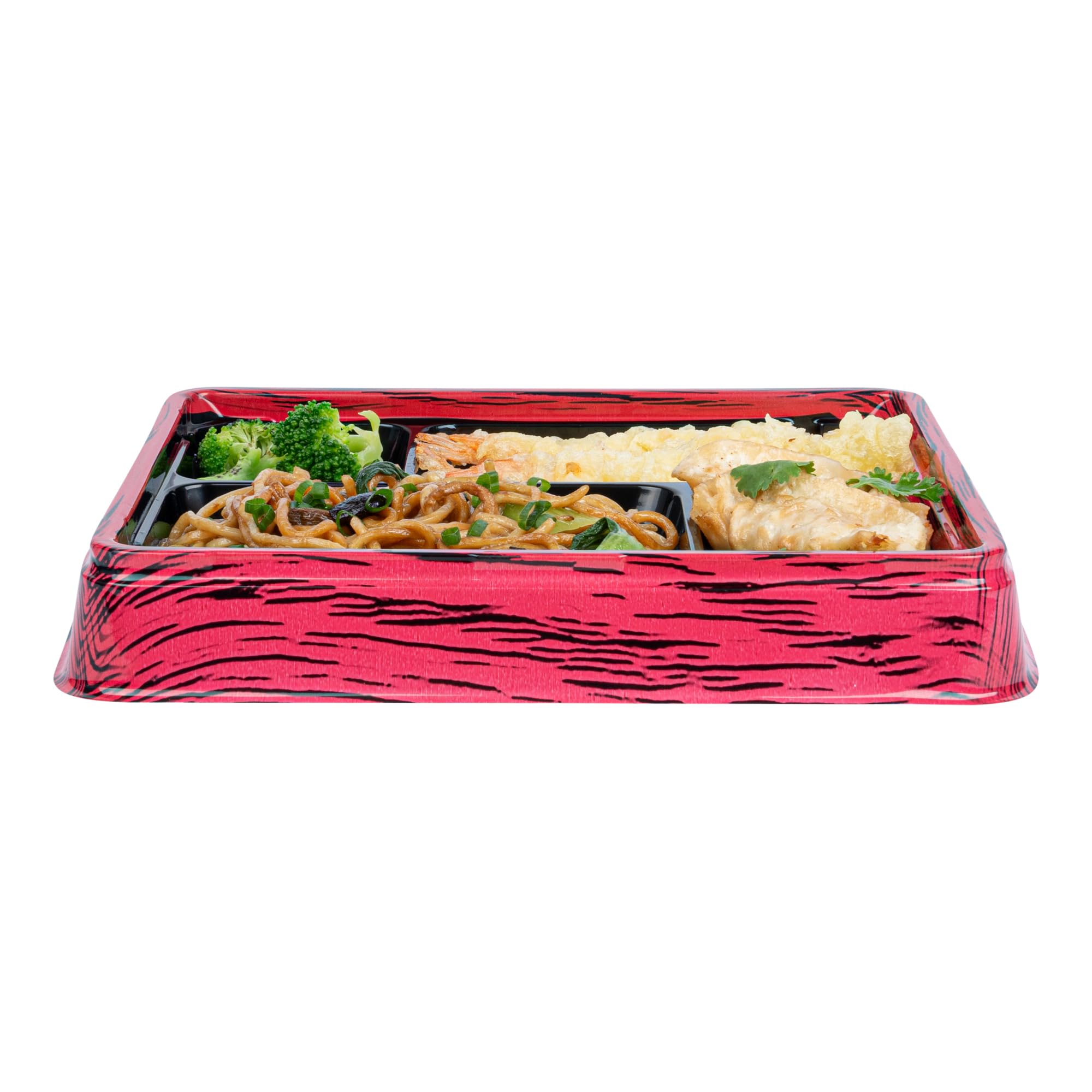Restaurantware Bento Tek 15.2 Ounce Meal Prep Containers, 50 Disposable To Go Food Boxes - Lids Sold Separately, 4 Compartments, Red And Black Plastic Bento Lunch Boxes, Freezable, For Take Out