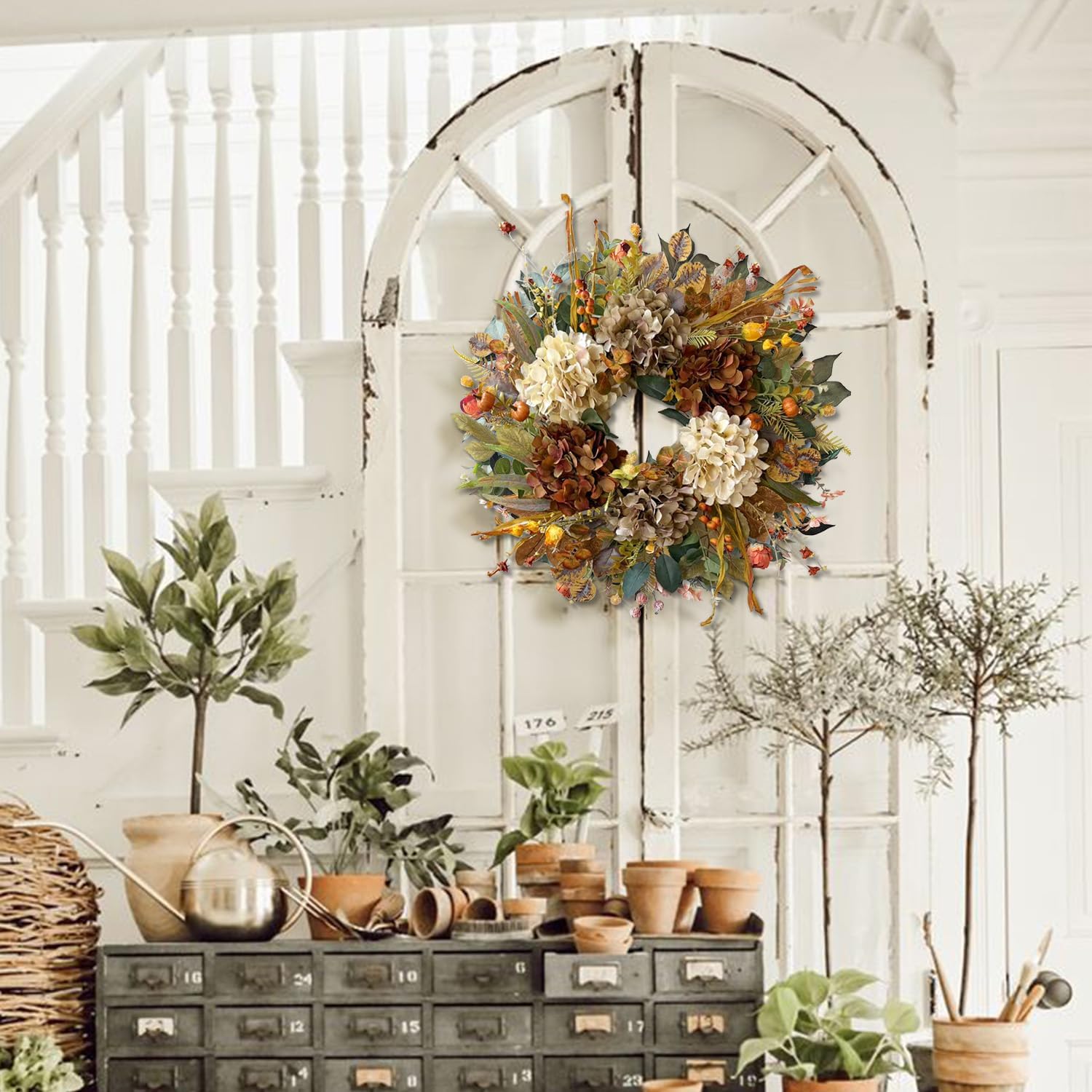 WANNA-CUL 24 Inch Fall Wreath - Hydrangea & Pumpkins | Perfect Autumn Decor for Front Door