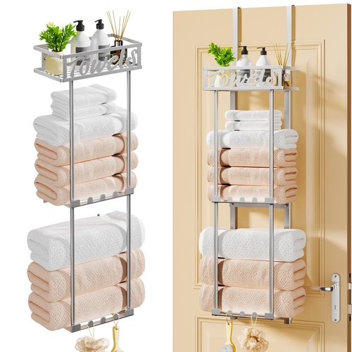 HapiRm Towel Rack Bathroom Storage - 3 Tier Over The Door & Wall Mounted Rolled Towel Racks Holder Organizer with Metal Shelf and 6 Hooks for Small Bathroom, Camper, Rv - Sliver