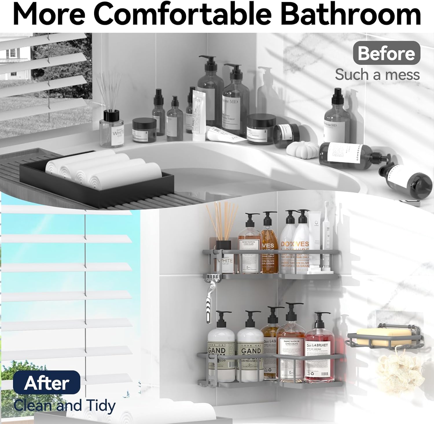 YASONIC Shower Caddy | 3-Pack Rustproof Stainless Steel Corner Shelves with Soap Holder - Grey