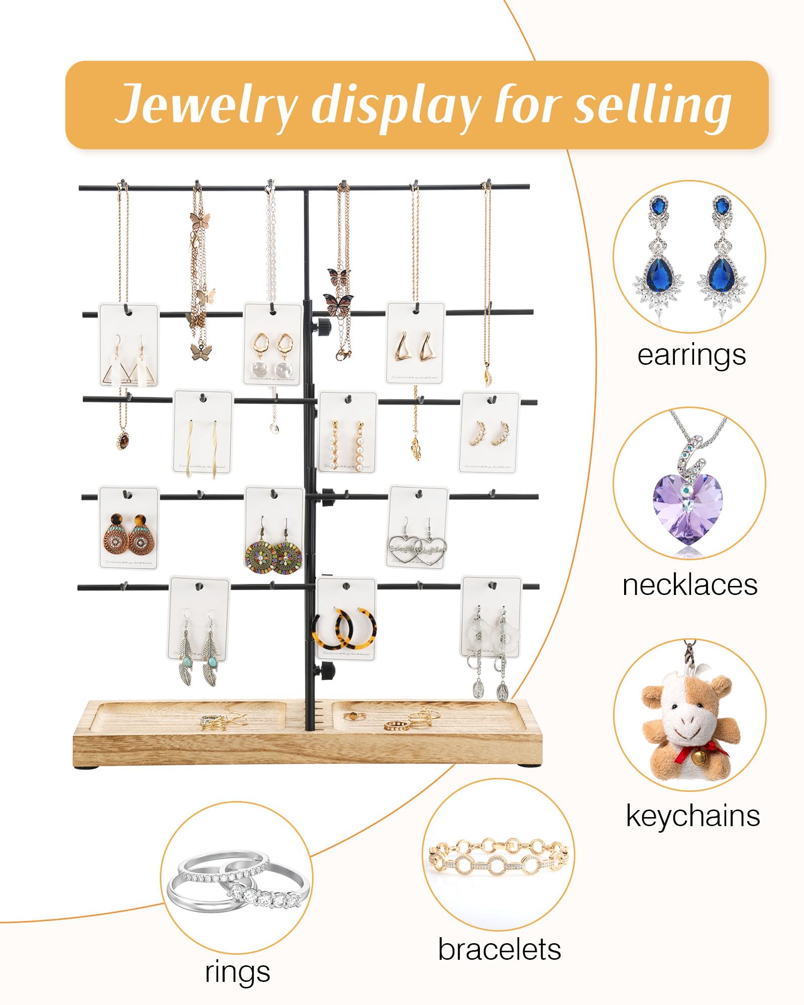 HULISEN Earring Display for Vendors, Adjustable Height Earring Display Stands for Selling, Jewelry Display for Earrings Card, Earrings Rack Display Holder with Tray, 30 Hooks, Carbonized Brown