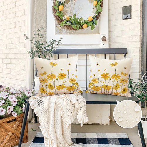 ARGOOFG Summer Outdoor Pillow Covers18X18 Set of 2 Waterproof Daisy Throw Spring Decorative Farmhouse Cousion Case for Patio Furniture Garden Home Sofa Couch Yellow (Yellow, 18" x 18" (Pack of 2))