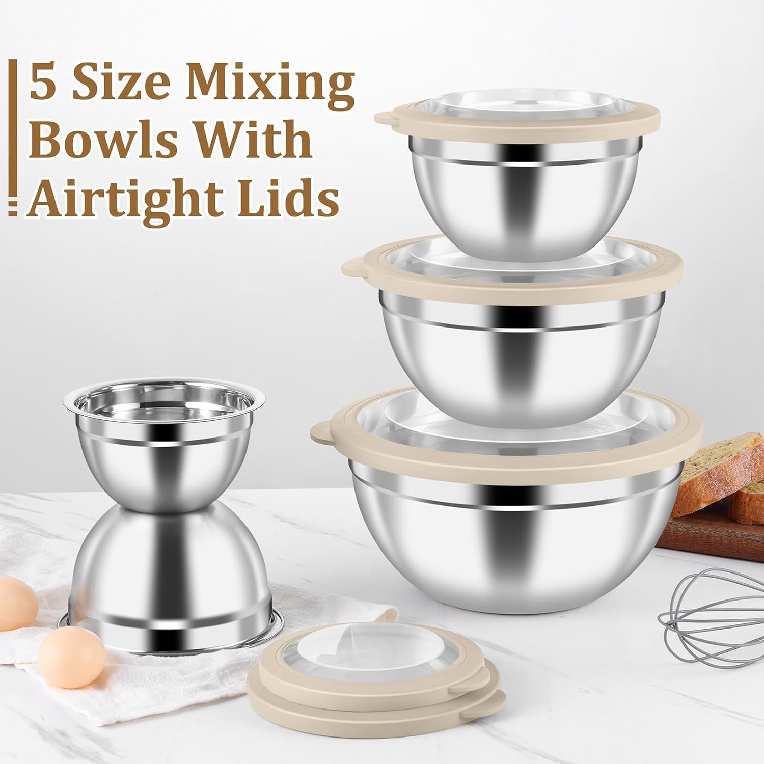 P&P CHEF Mixing Bowls Set of 5 - Stainless Steel Airtight Lids for Kitchen Prep & Storage | Khaki, 0.7-4.6 QT