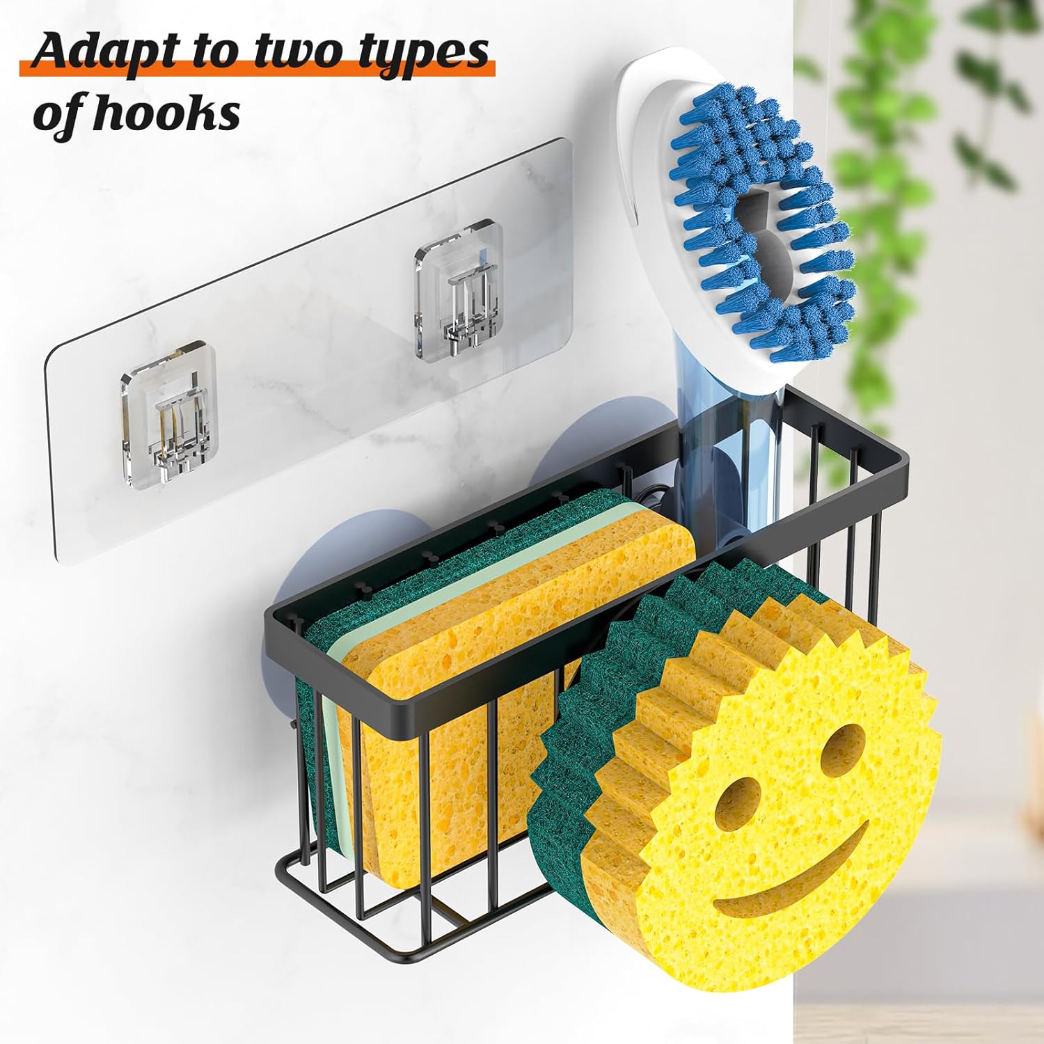 MURLONG Sponge Holder - Smiley Face Kitchen Organizer with Suction Cups & Adhesive Strips | Black