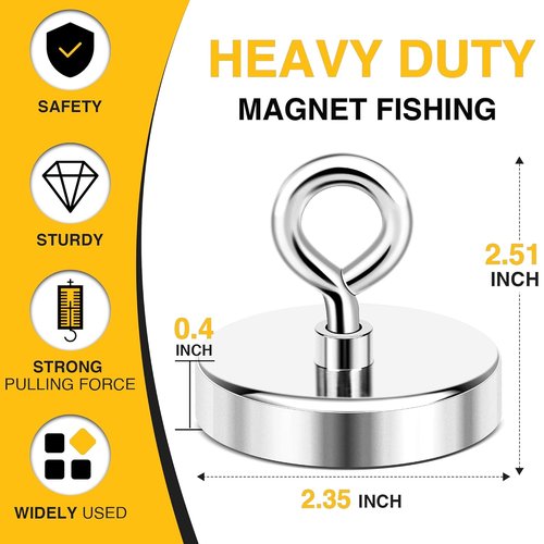 DIYMAG Super Strong Neodymium Fishing Magnet - 500 lbs Pulling Force | 2.36 Inch Diameter for River Retrieval