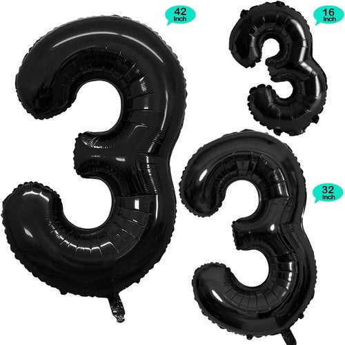 GOER Black Foil Number 3 Balloons - Giant 3rd Birthday Party Decorations | 42 Inch, 32 Inch, 16 Inch