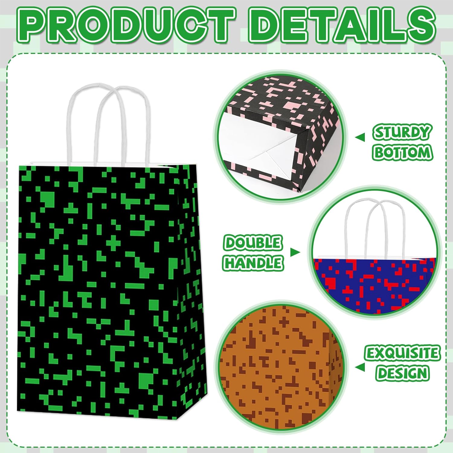 Skiennix Pixel Party Favors Bags - 12 PCS Video Game Themed Treat Bags with Handles for Boys & Girls