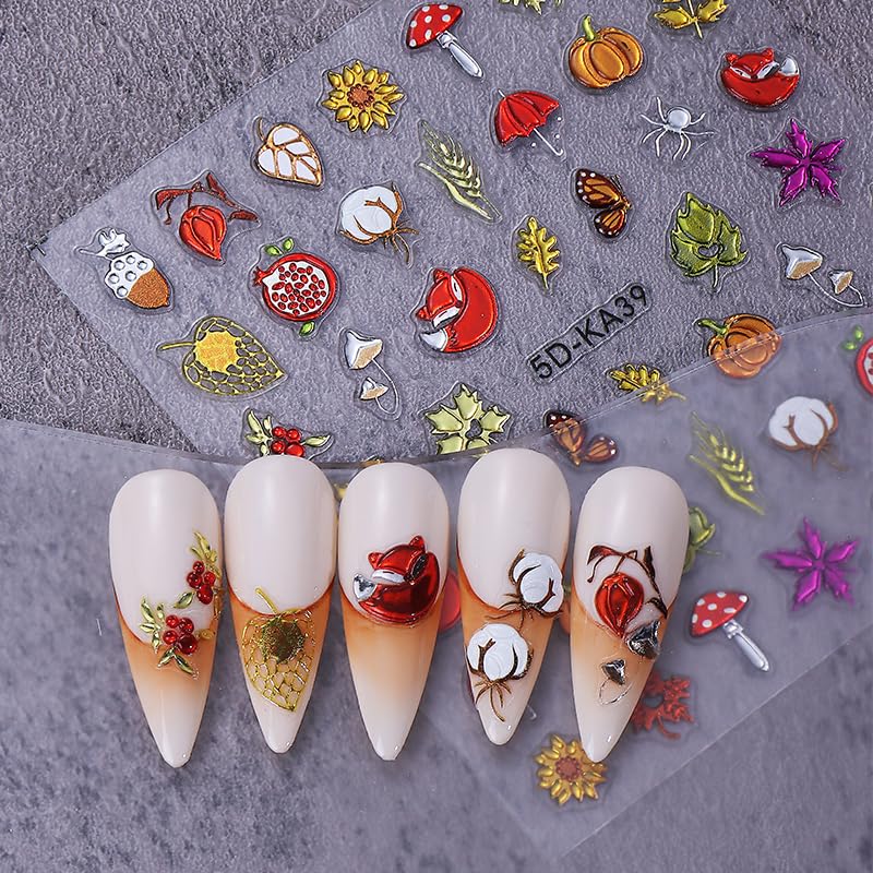 Fall Colorful 3D Self-Adhesive Nail Stickers Maple Leaves Pumpkin