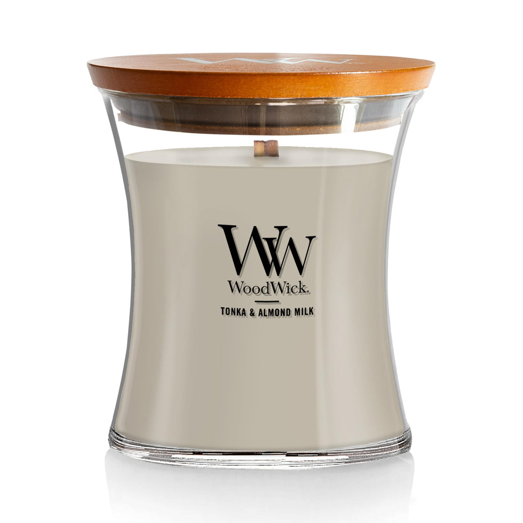 WoodWick Tonka & Almond Milk Gifts for Women and Men, 9.7 oz Medium Hourglass Candle with Crackling Wick