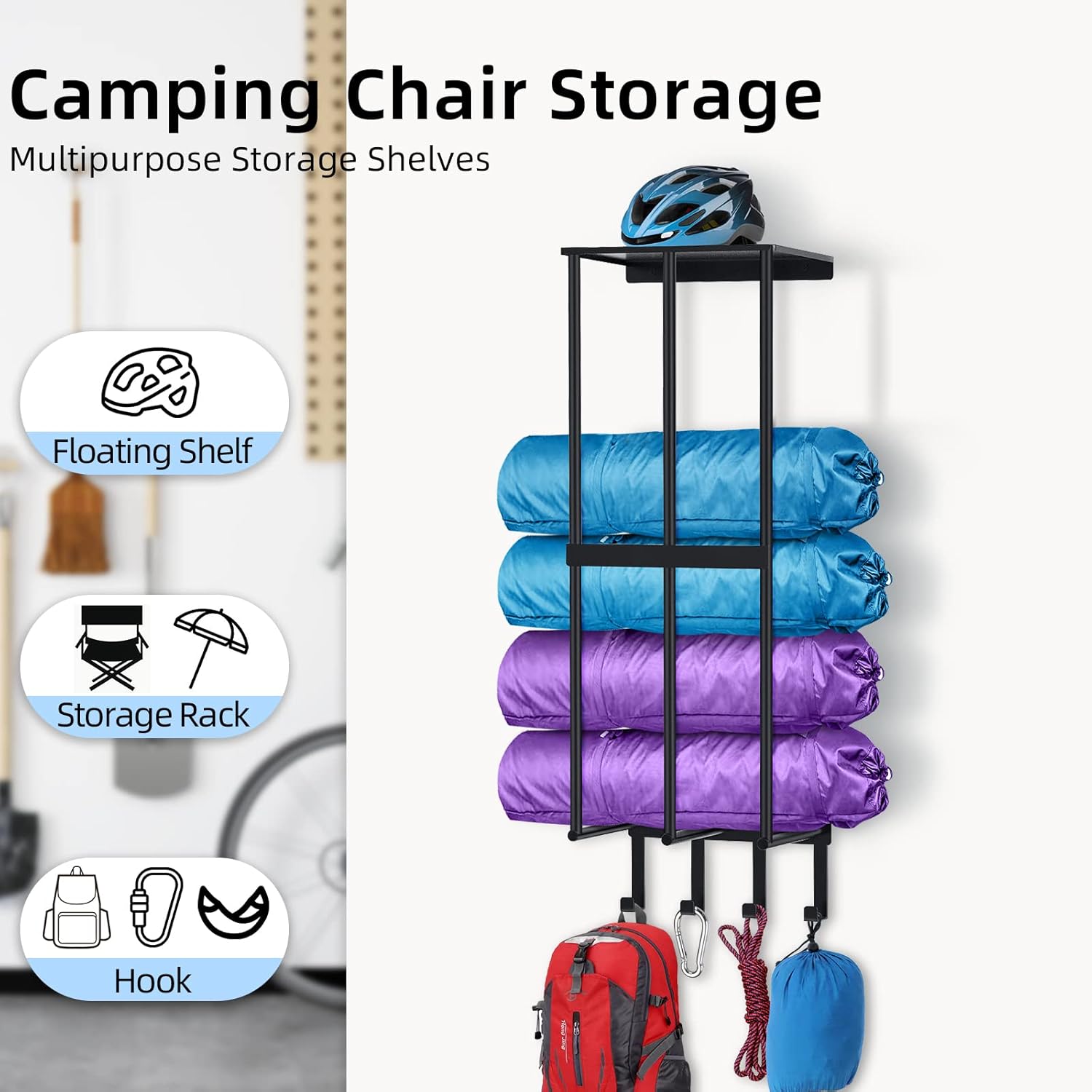 Skiennix Camping Chair Wall Storage Rack - Stainless Steel Organizer with 4 Hooks | Matte Black Finish