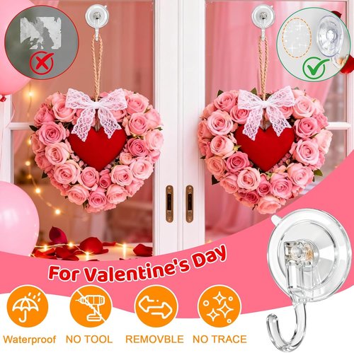 HEYHOUSE Wreath Hangers - Clear Suction Cup Hooks for Front Door & Window | Removable & Reusable, 4 Pack