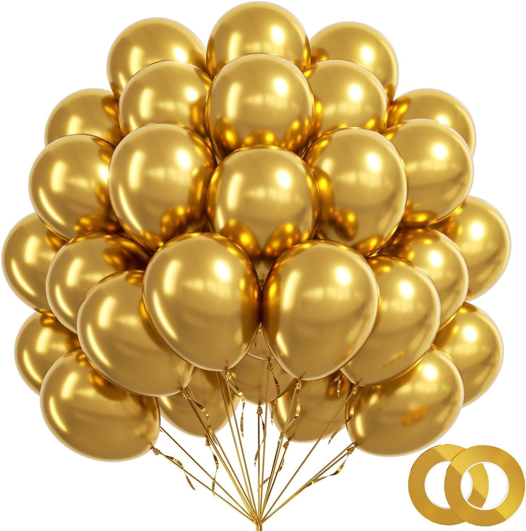 BAUANOOY Metallic Gold Balloons - 100pcs 12-Inch Chrome Balloons with Gold Ribbon for Parties