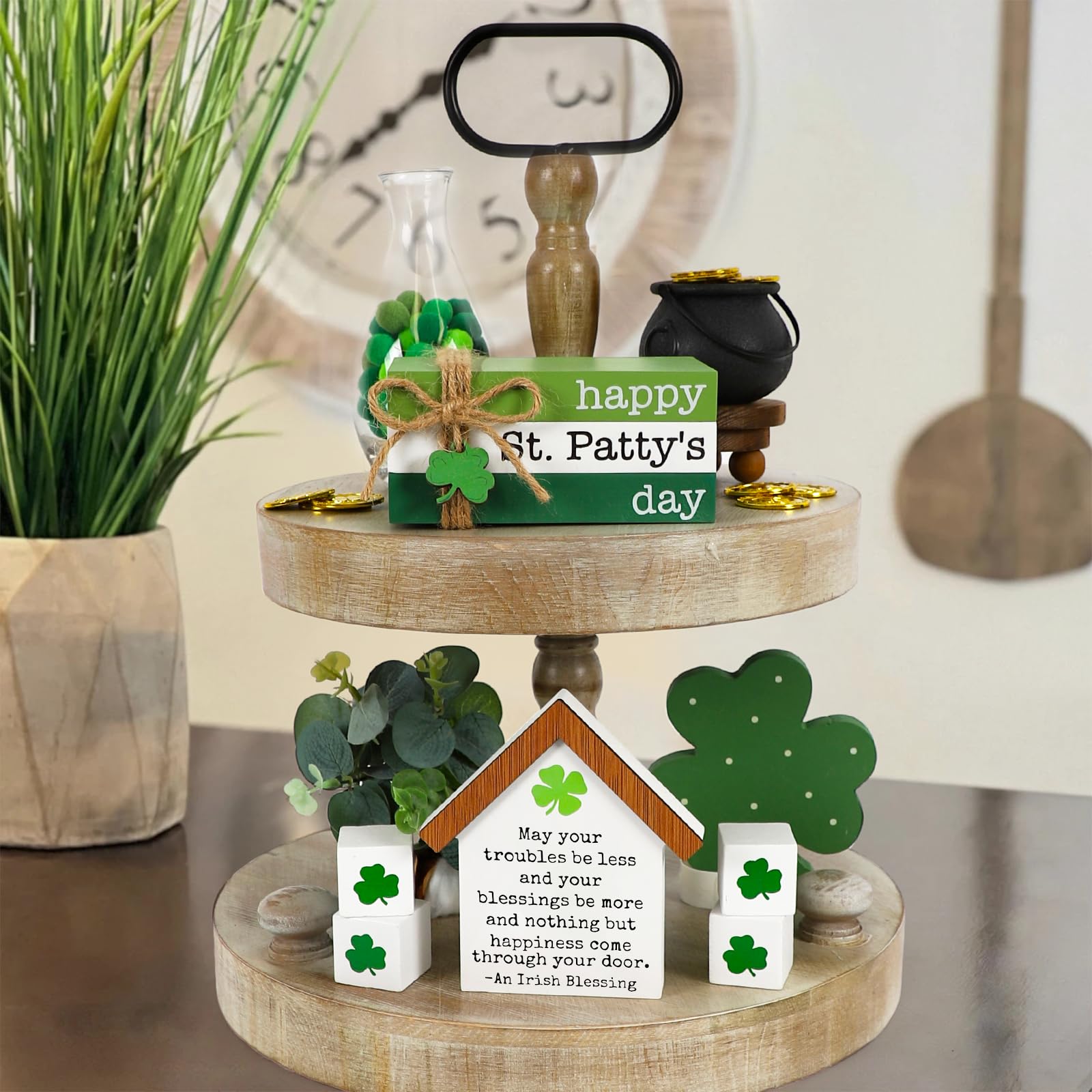 DAZONGE St. Patrick's Day Decorations, 6PCS St. Patrick's Day Tiered Tray Decor, Happy St. Patty’s Day Book Stack, Shamrock LUCK Blocks, St. Patrick's Day Signs for Home Table Shelf Decor