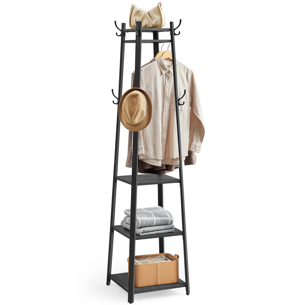 VASAGLE Coat Rack, Coat Stand with 3 Shelves, Hall Tree Free Standing with Hooks for Scarves, Bags, Umbrellas, Steel Frame, Industrial Style, for Entryway, Living Room, Charcoal Gray ULCR080B03