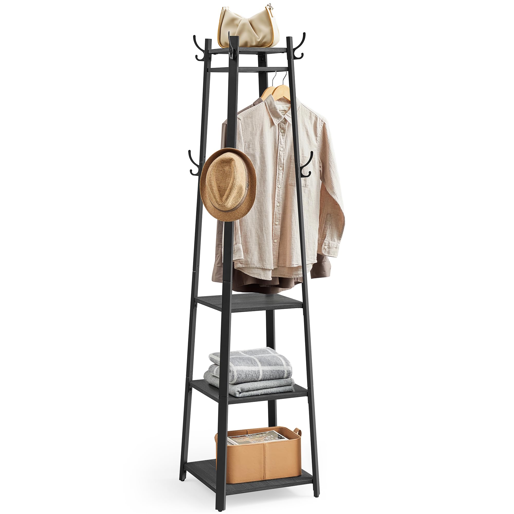 VASAGLE Coat Rack, Coat Stand with 3 Shelves, Hall Tree Free Standing with Hooks for Scarves, Bags, Umbrellas, Steel Frame, Industrial Style, for Entryway, Living Room, Charcoal Gray ULCR080B03