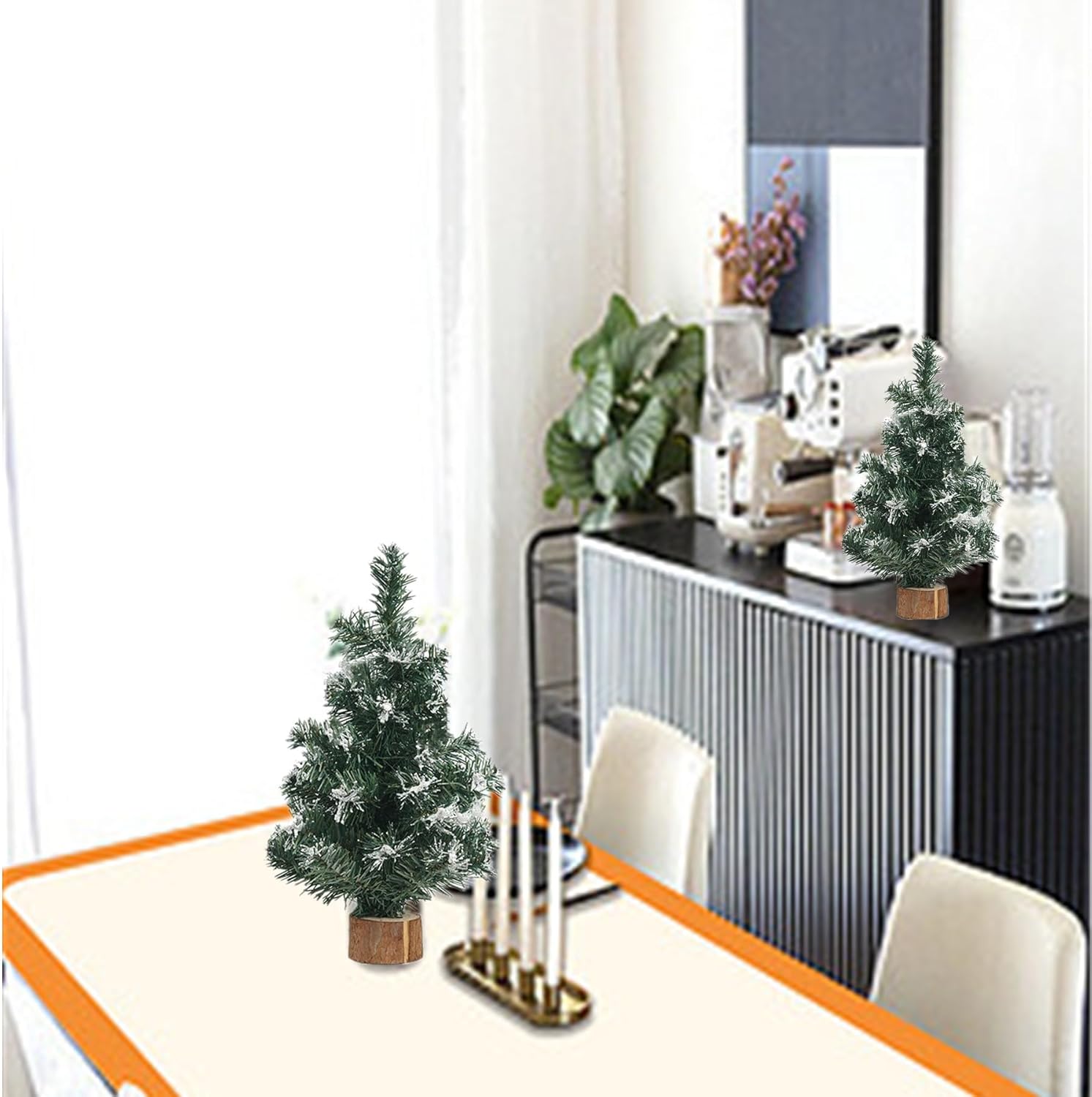 Skiennix Mini Christmas Trees - 4pcs Simulated Snow Pine Decor with Wooden Base | 7.87/11.81 Inch