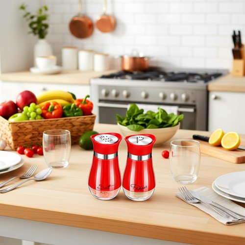 Acellegic 2 Pcs Salt and Pepper Shakers with Glass Bottom Set 4 oz Stainless Steel Salt and Pepper Holders for Kitchen Cooking Table Camp Refillable Perforated(Red Color)