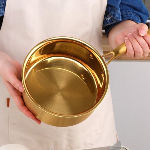 BuyGo 18/8 Stainless Steel Saucepan, 2.5 Quart Gold Pan with Heat Resistant Long Handle, 3-Layer Multipurpose Cookware Pot, Compatible Stovetops: Gas, Electric, Dishwasher Safe