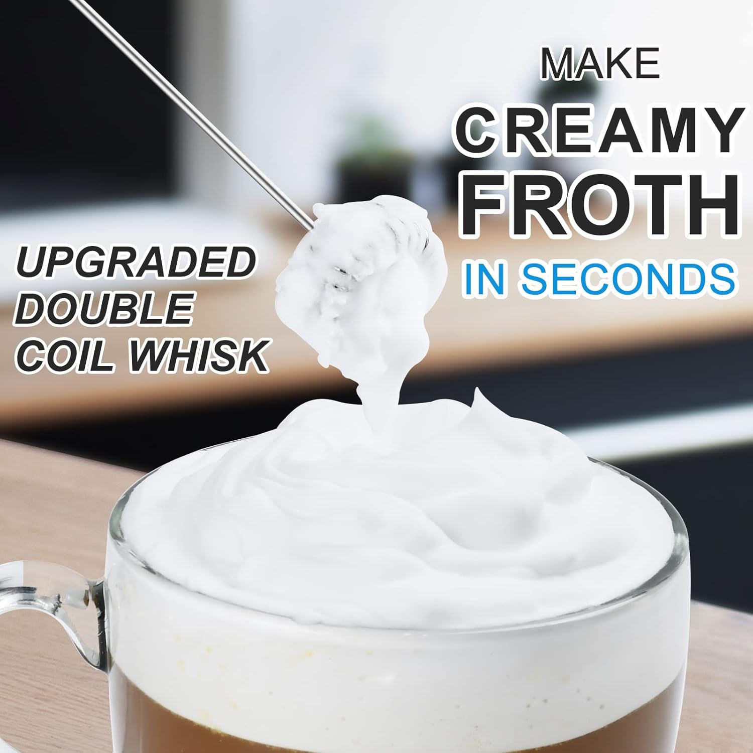 Skiennix Double Whisk Milk Frother - Handheld Electric Blender for Coffee & Lattes | Stainless Steel, Battery Operated