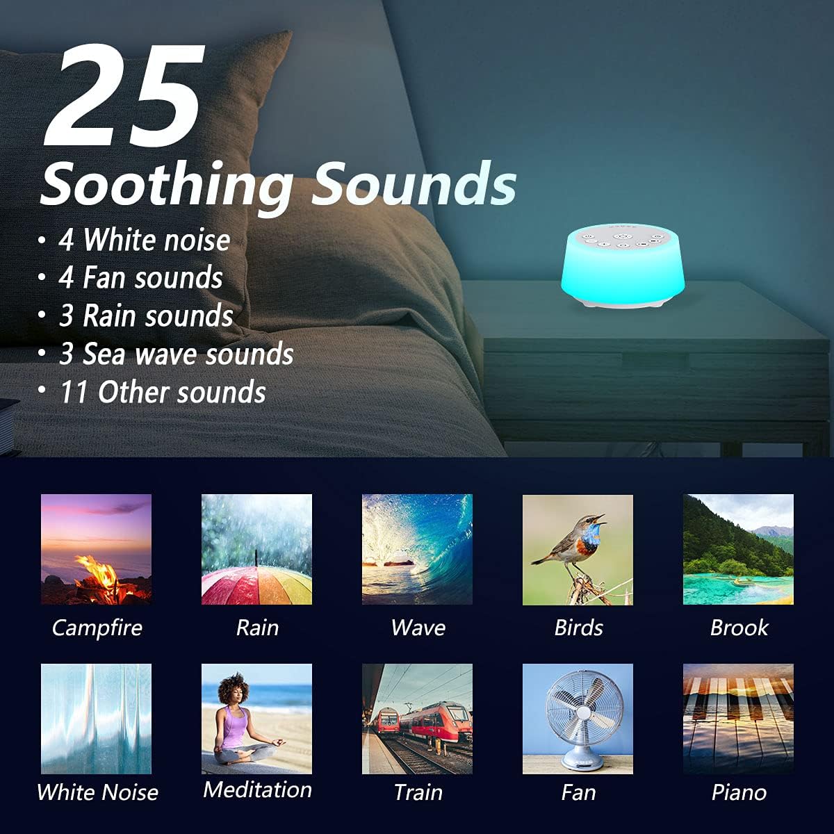 Skiennix Color Noise Sound Machine - 10 Colors, 25 Soothing Sounds, Adjustable Brightness | Perfect for Adults & Kids