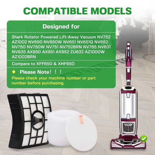 Vacuum Filters Replacement for Shark Rotator Powered Lift-Away Vacuum NV650 NV650W NV651, NV652 NV750W NV751, NV752 NV831 NV835 AX950 AX951 AX952 ZU632 AZ1000W AZ1002 AZ1002BRN # XFF650 & XHF650