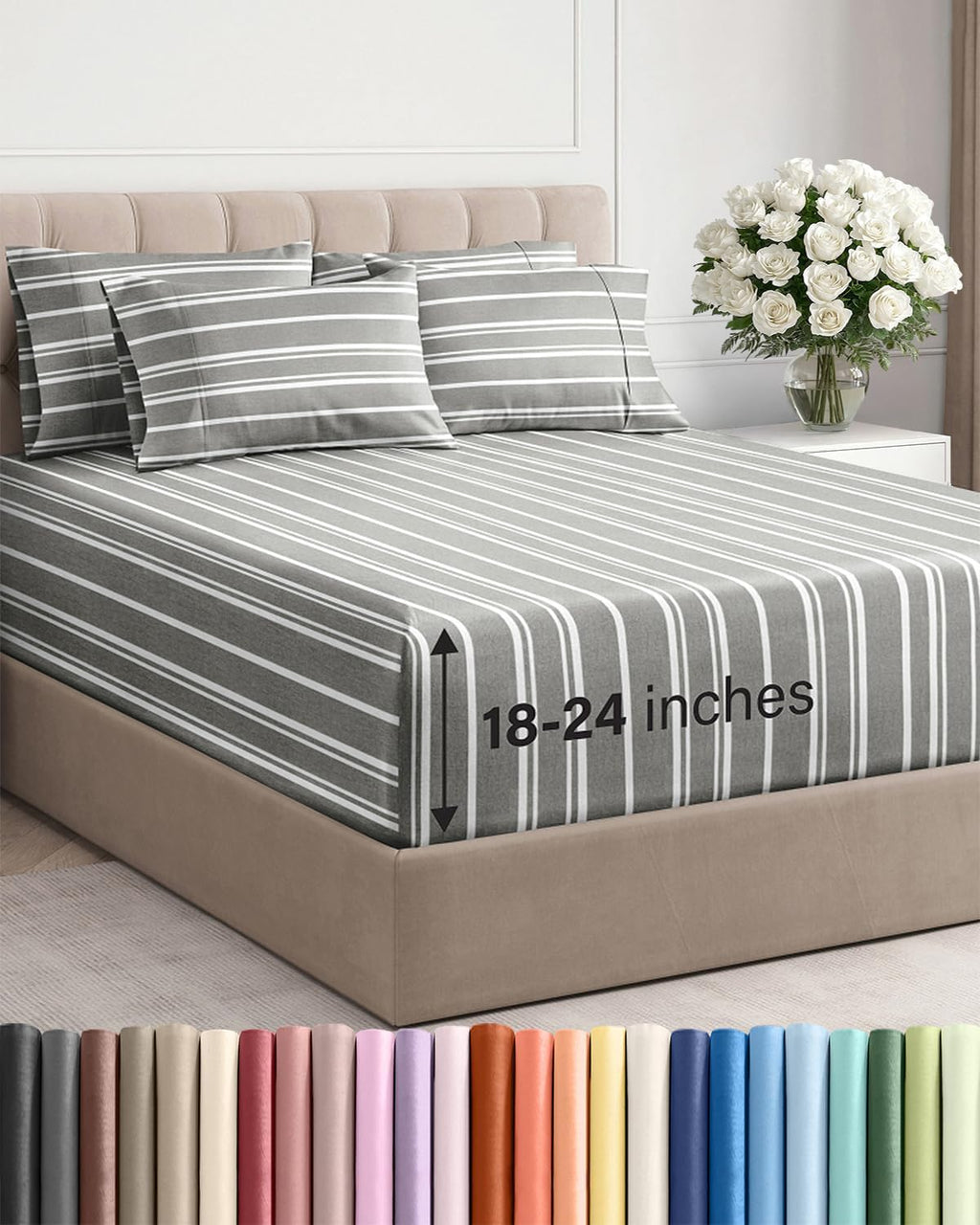 Skiennix Extra Deep King Sheet Set | 6-Piece Breathable Cooling Bedding - Soft, Wrinkle-Free Grey Stripes