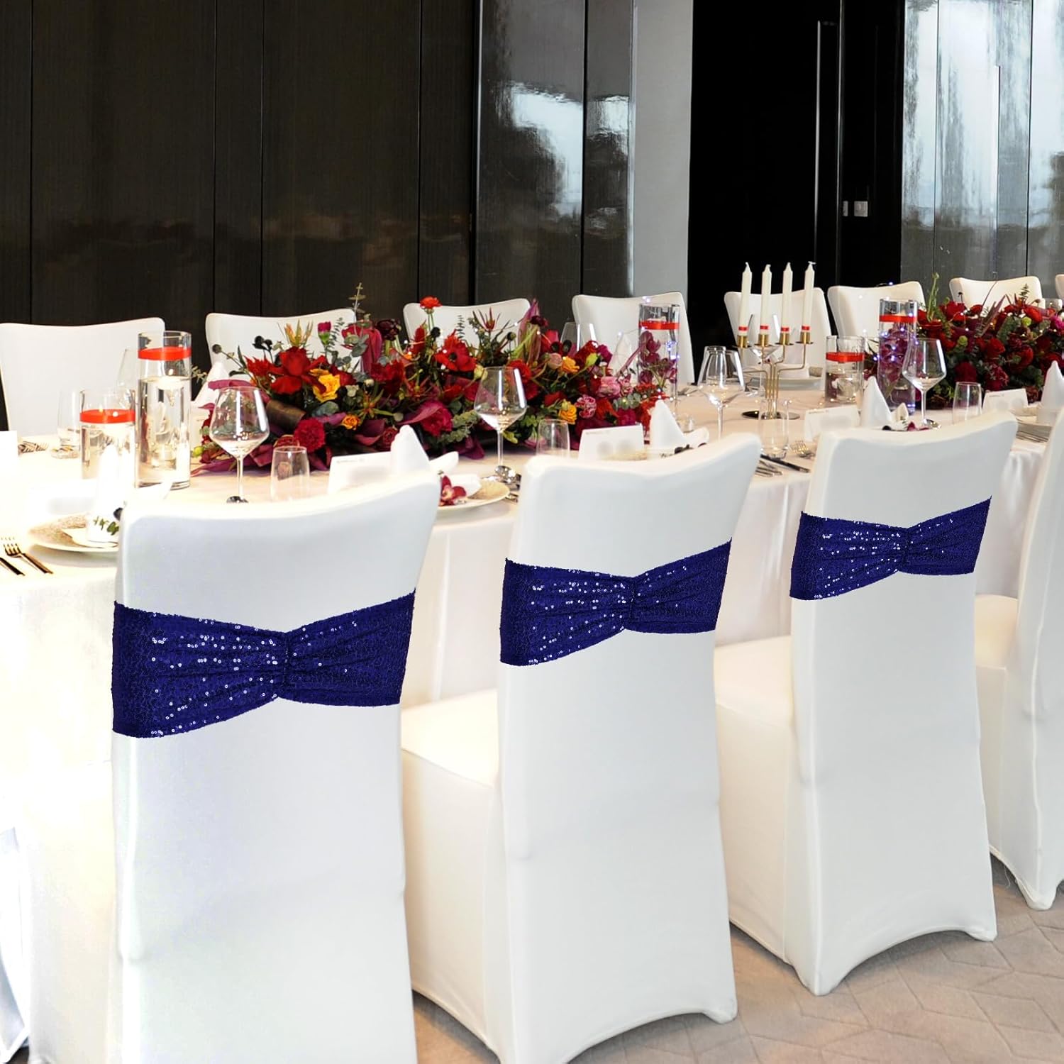 Poise3EHome Navy Blue Sequin Chair Sashes - Elegant Folding Chair Covers for Weddings | 50 PCS