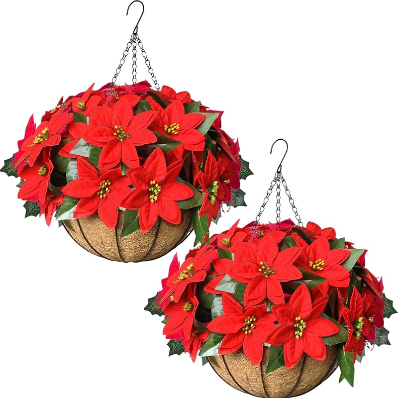 artificial christmas poinsettia hanging baskets 2-pack red flowers