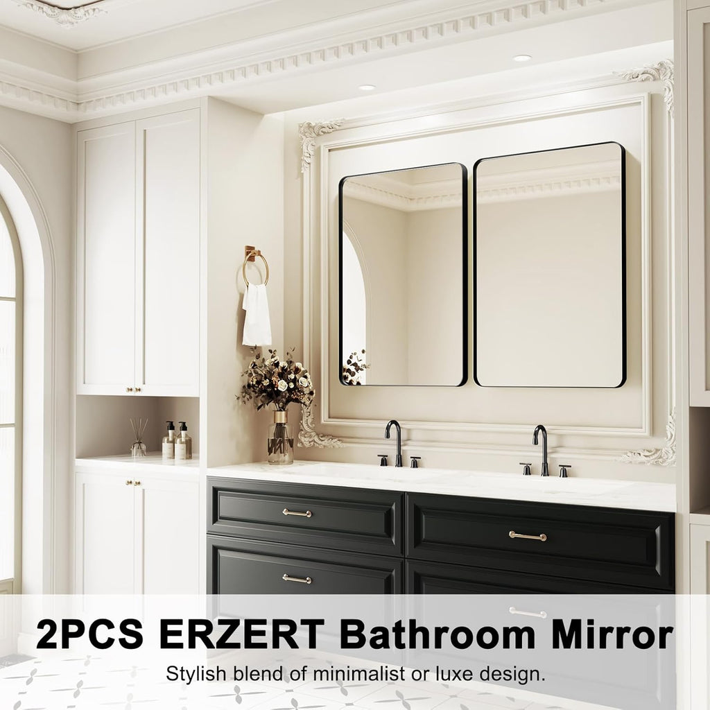 Regine Switzerland Bathroom Mirrors - 2-Piece 24x36 Inch Black Metal Frame Vanity Set | Versatile Horizontal/Vertical Hanging