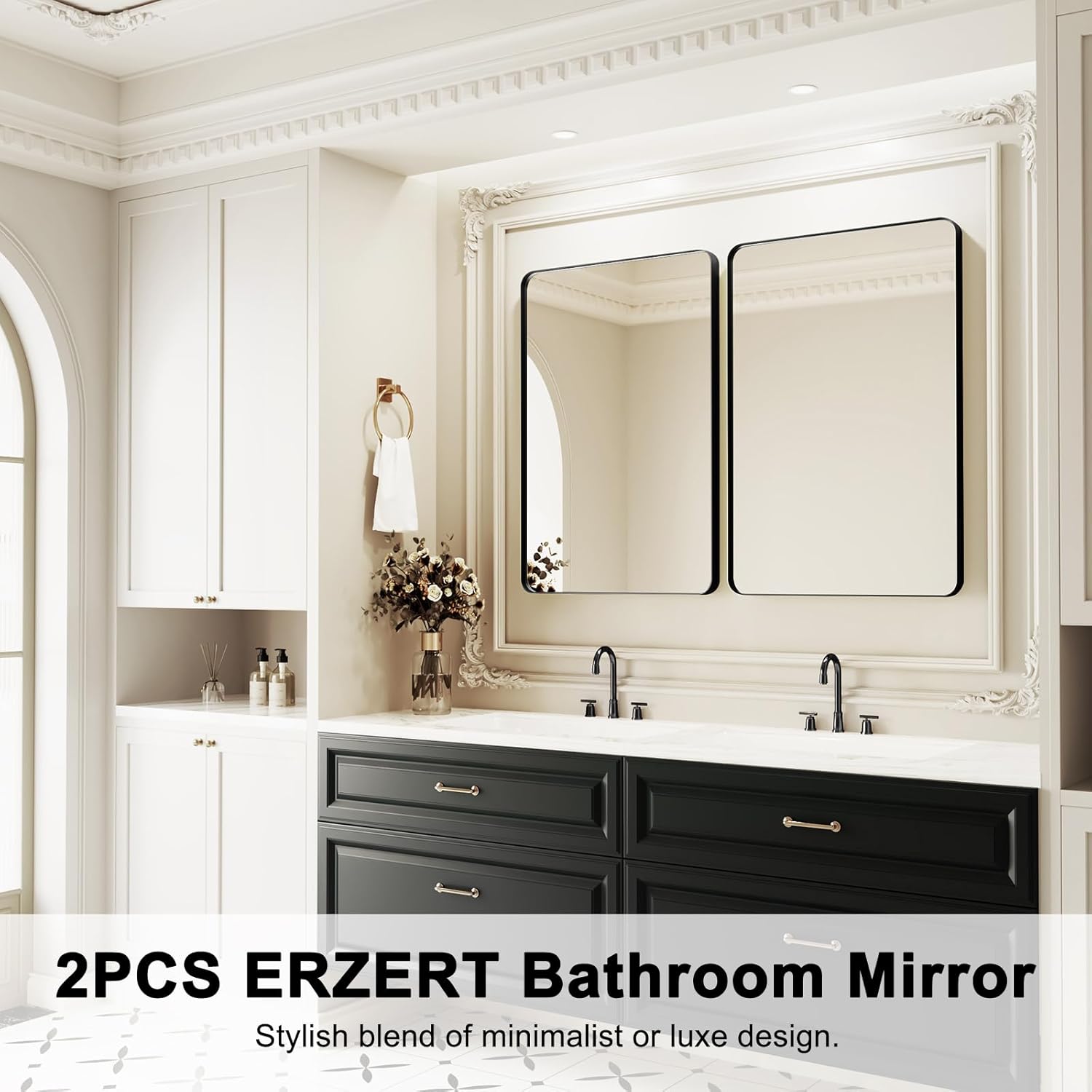 Regine Switzerland Bathroom Mirrors - 2-Piece 24x36 Inch Black Metal Frame Vanity Set | Versatile Horizontal/Vertical Hanging